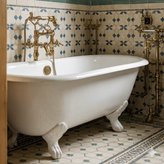Vintage bathroom with white antique bath and brass fixtures and blue pattern tiles