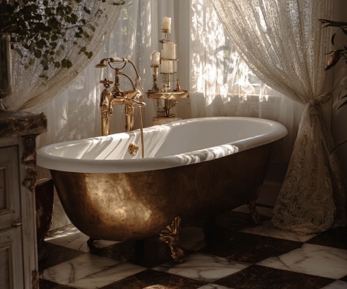 Vintage bathroom featuring a gold antique bath with gold fixtures, sheer curtains and checker style tiles
