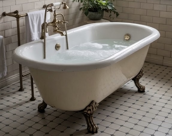 Classic white antique bath with brass fixtures, set against neutral floor tiles