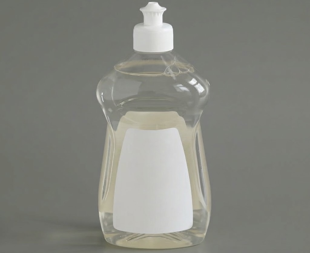Clear plastic bottle containing washing up liquid with a white label and cap