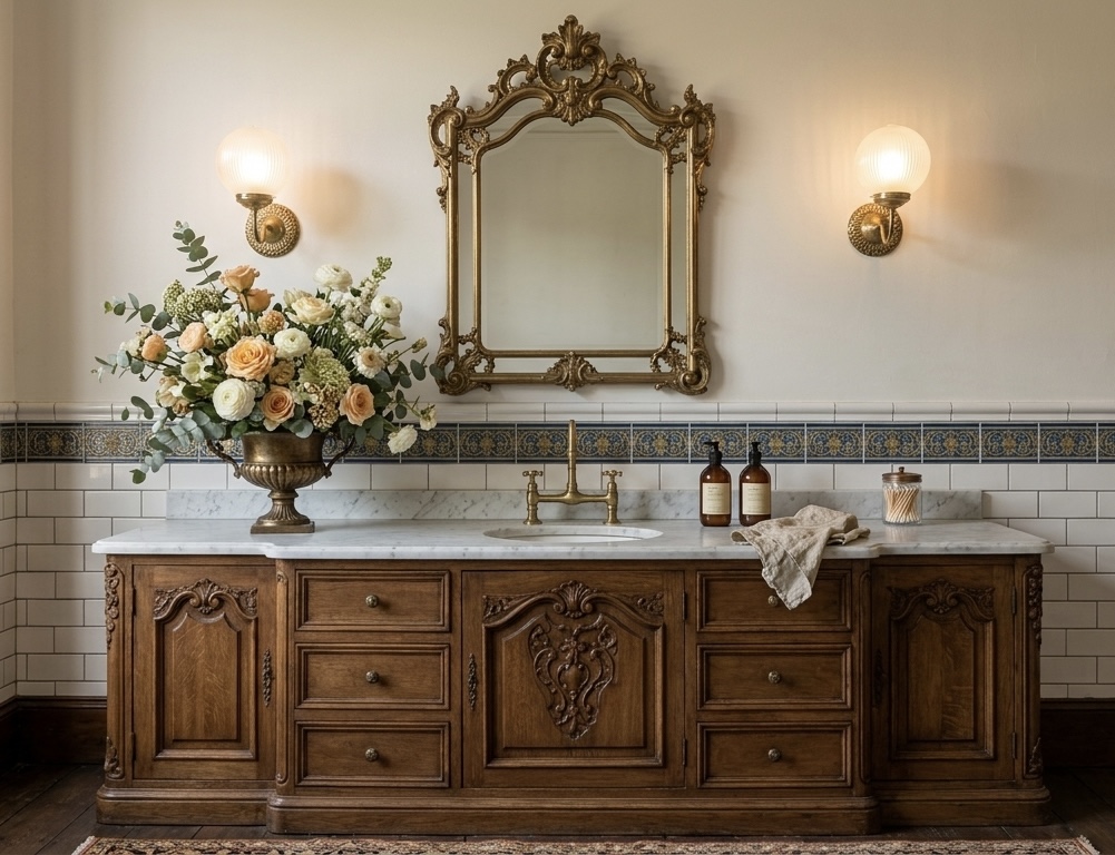 antique vanity and sink with gold mirror