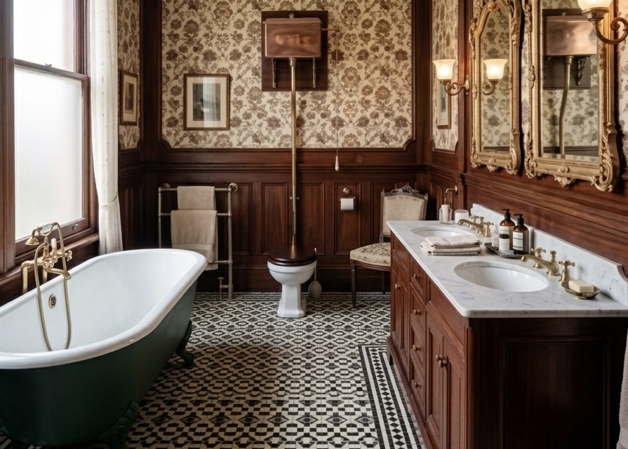 Antique bathroom with wooden vanity and panelled walls