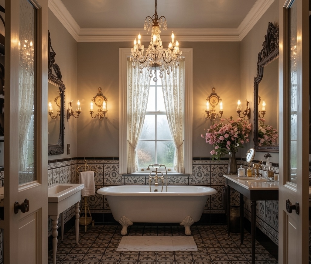 Antique bathroom with chandelier and lace curtains