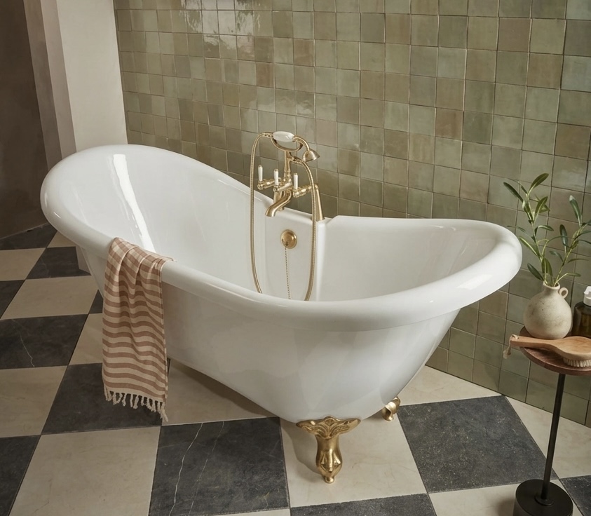 White antique bath with gold hard wear on tiled floor