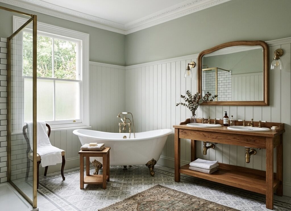 edwardian style modern bathroom with white and sage colour scheme