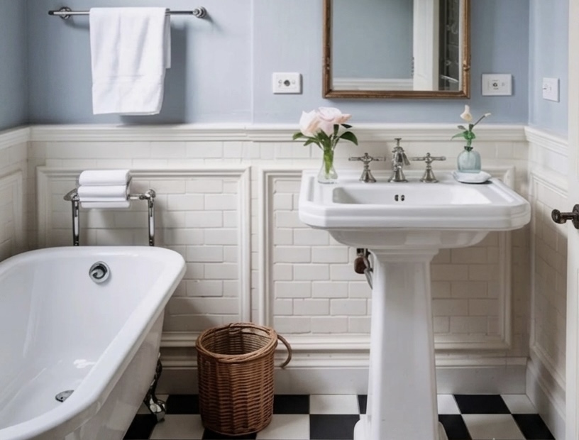 Edwardian theme bathroom with powder blue walls