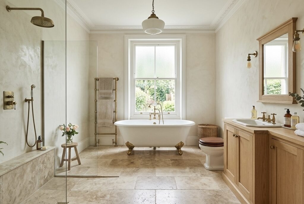 warm and ivory themed edwardian style bathroom