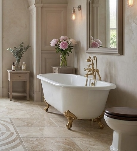 edwardian style bathroom with taupe colour pallet