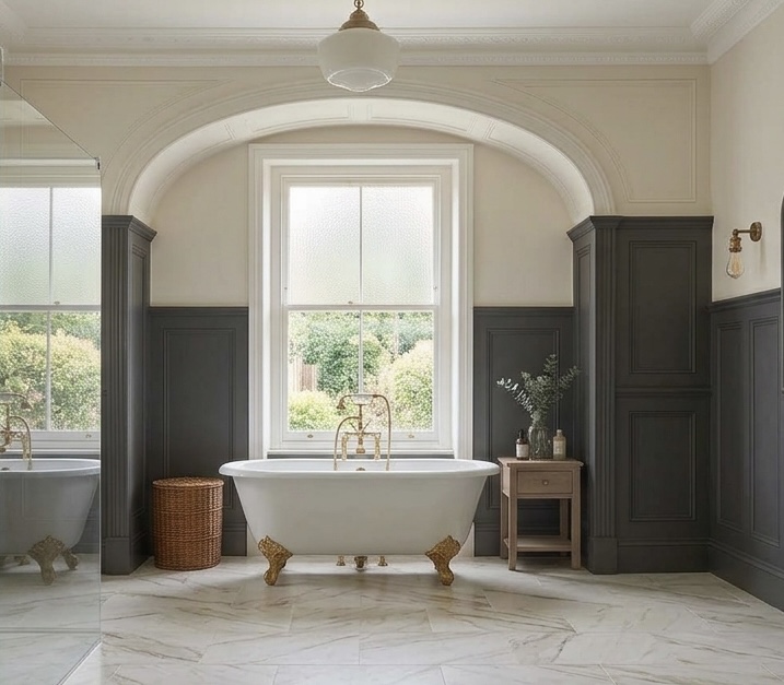 Edwardian style bathroom in charcoal cream colour pallete